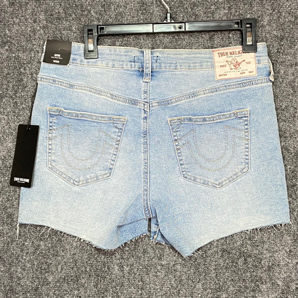 True Religion Jayde Mid Rise‎ Denim Shorts Women's W28 Light Wash Raw Hem NWT